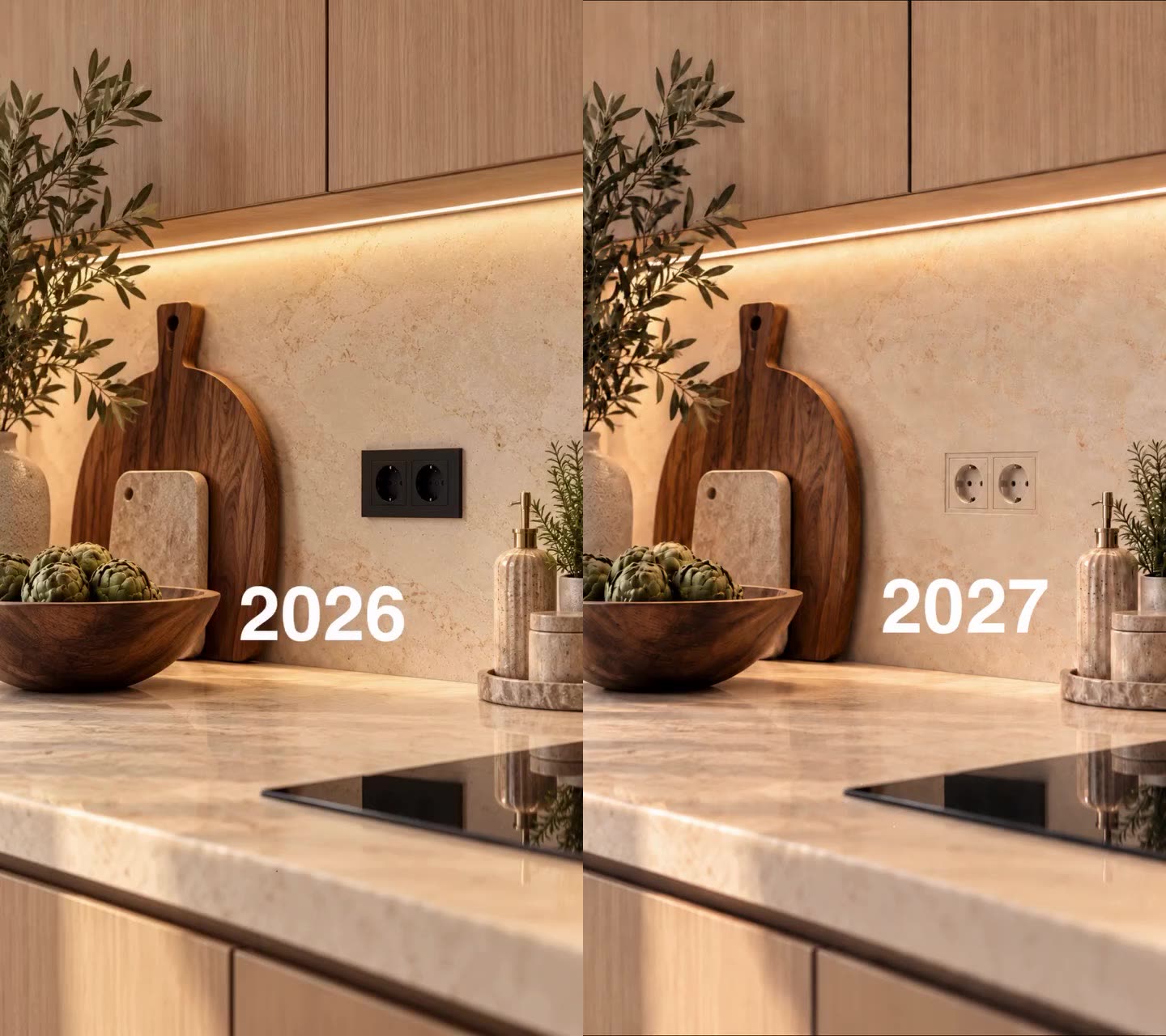 Dark backsplash outlet compared with a light outlet plate that blends into the backsplash