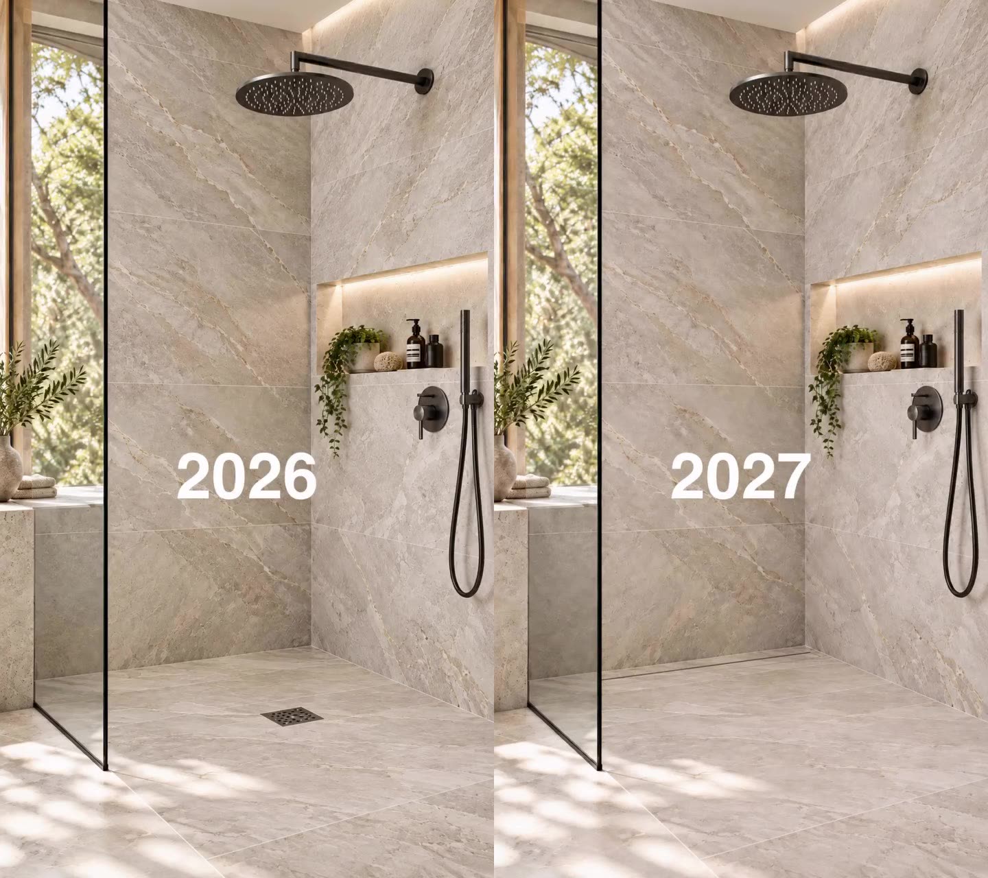 Square shower floor drain compared with a less visible linear drain detail