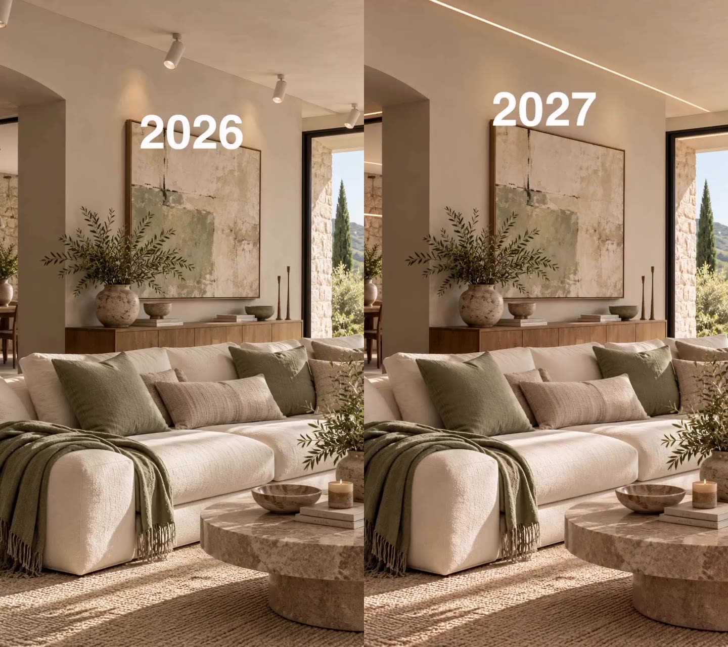 Living room track spotlights compared with a thin recessed ceiling light line