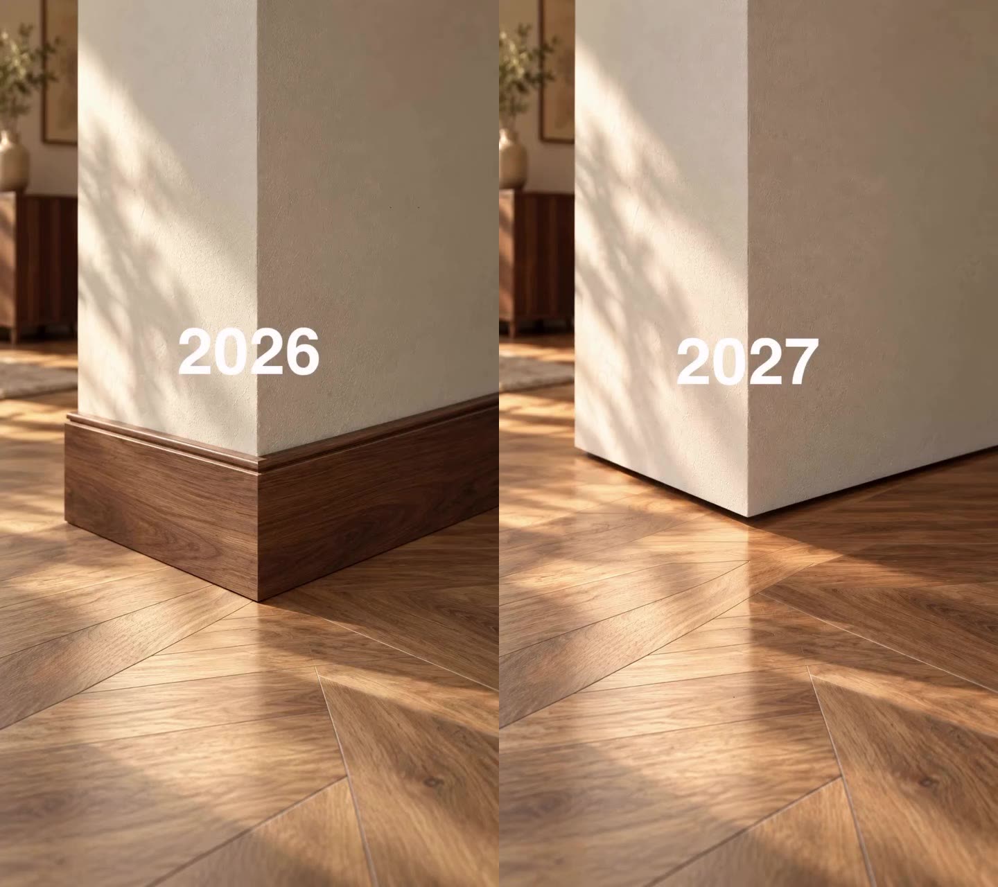 Raised wood baseboard compared with a clean wall-to-floor detail in the video